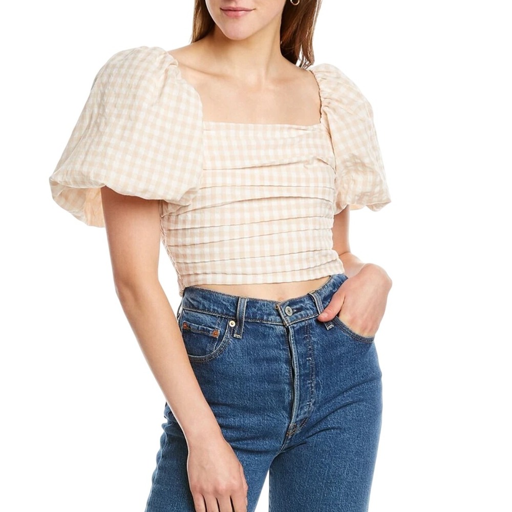 Nasty Gal Gingham Puff Sleeve Smocked Crop Top Square Neck Size 4